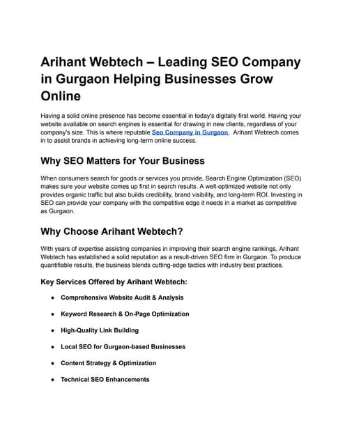SEO Company in Gurgaon | Arihant Webtech – Expert Digital Growth Solutions | PDF