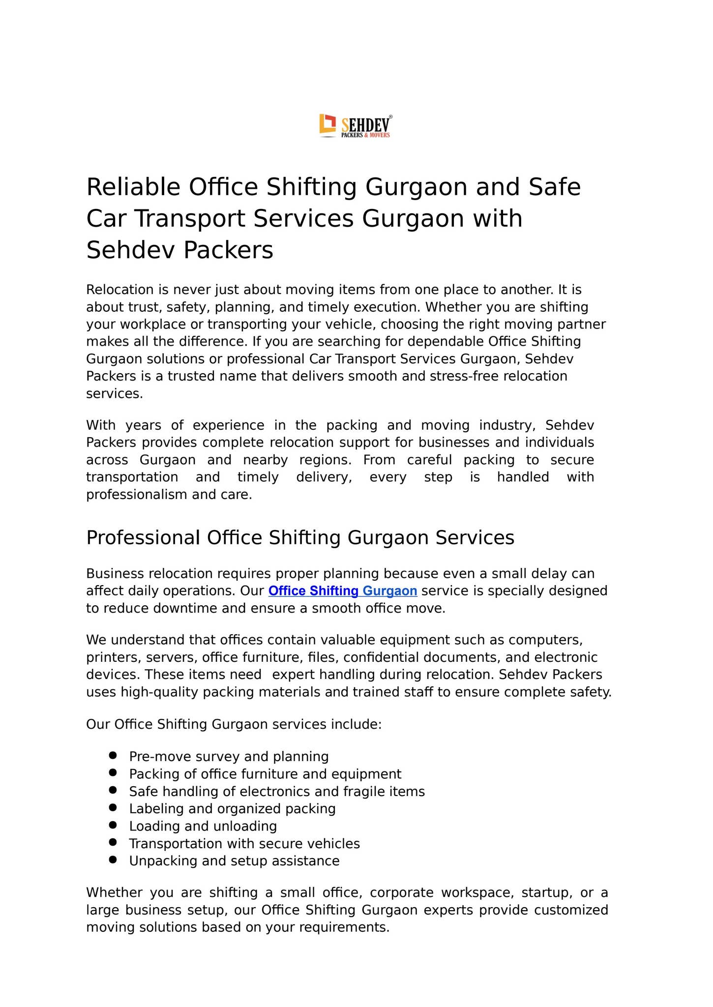 Reliable Office Shifting Gurgaon and Safe Car Transport Services Gurgaon with Sehdev Packers by Sehdev Packers - Issuu