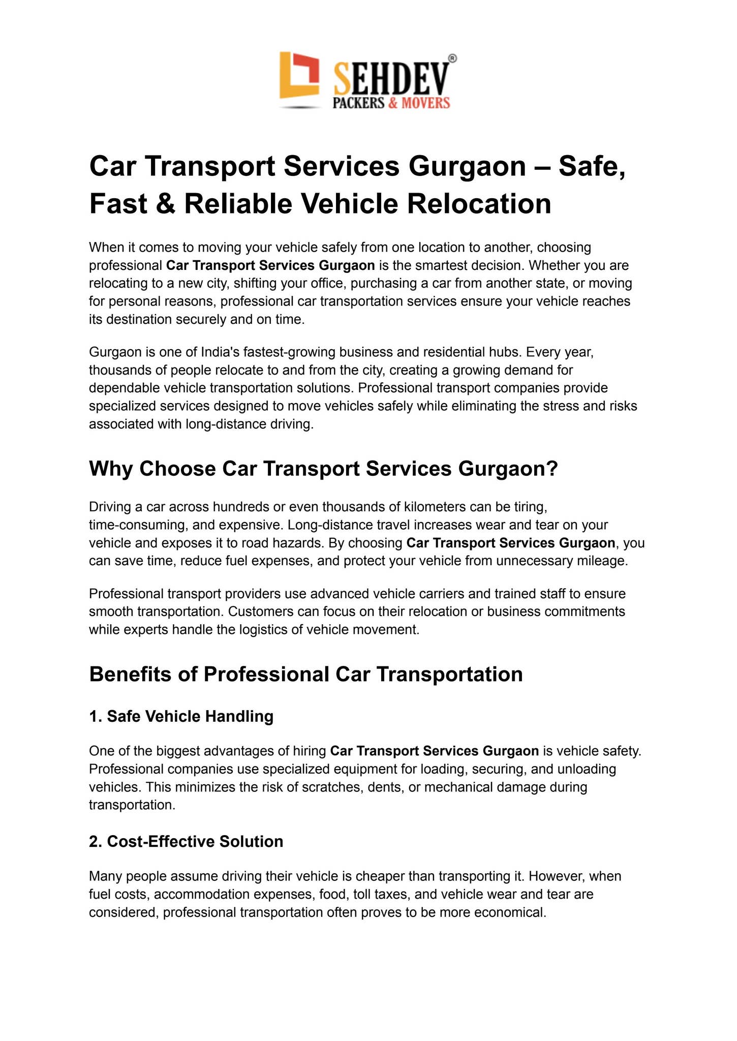 Car Transport Services Gurgaon by Sehdev Packers - Issuu