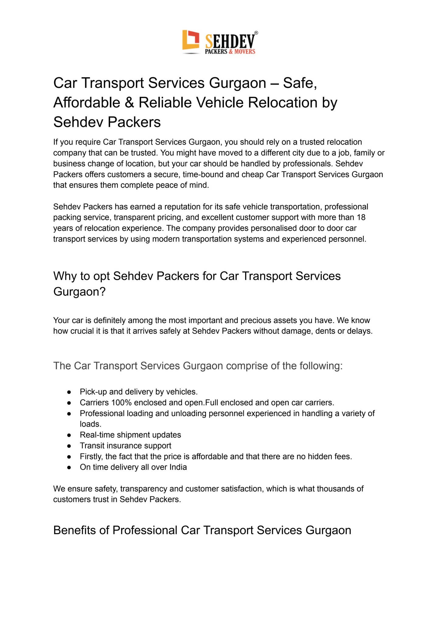 Car Transport Services Gurgaon by Sehdev Packers - Issuu
